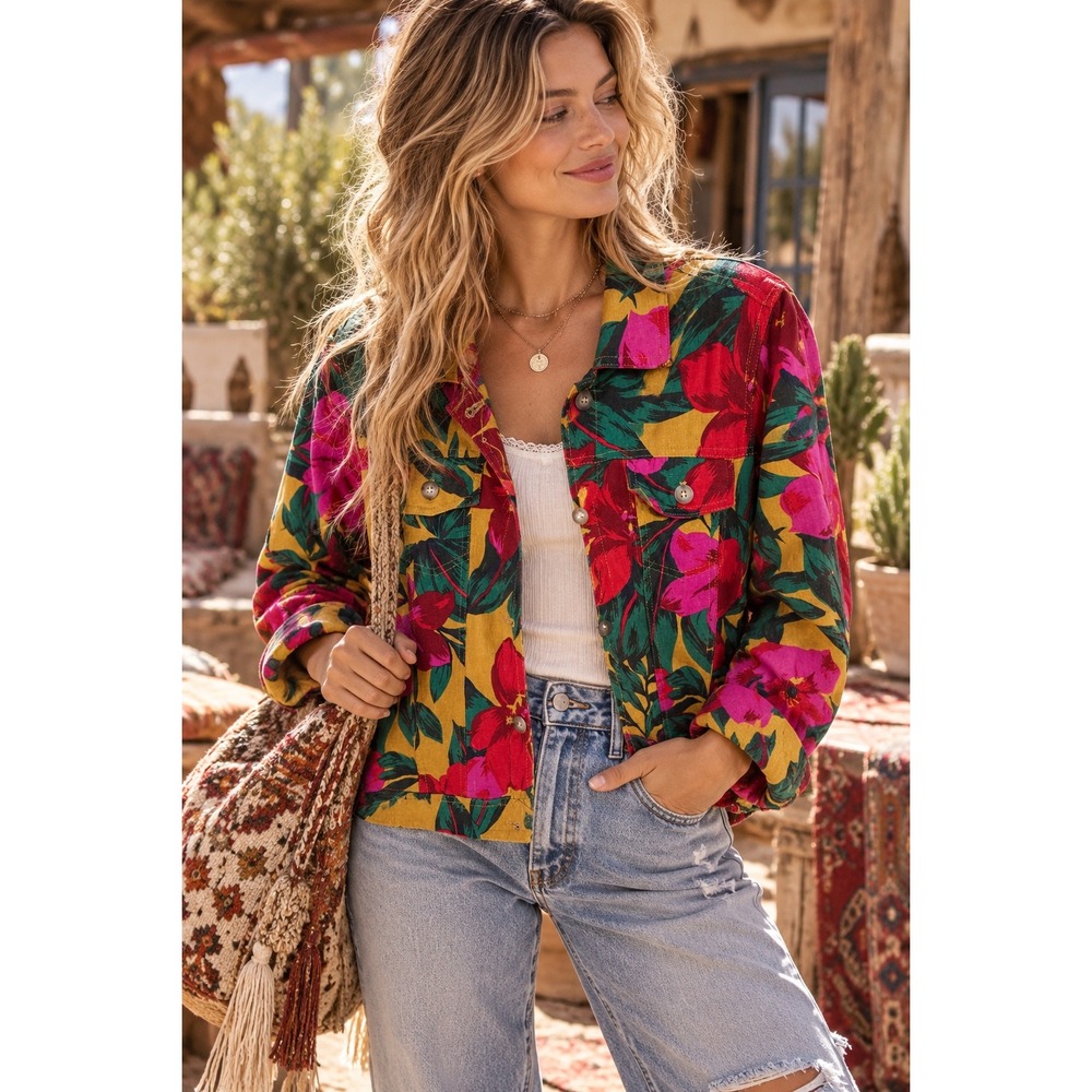Cynthia Rowley Womens Floral Linen Blend Trucker Jacket Yellow Pink Tropical M